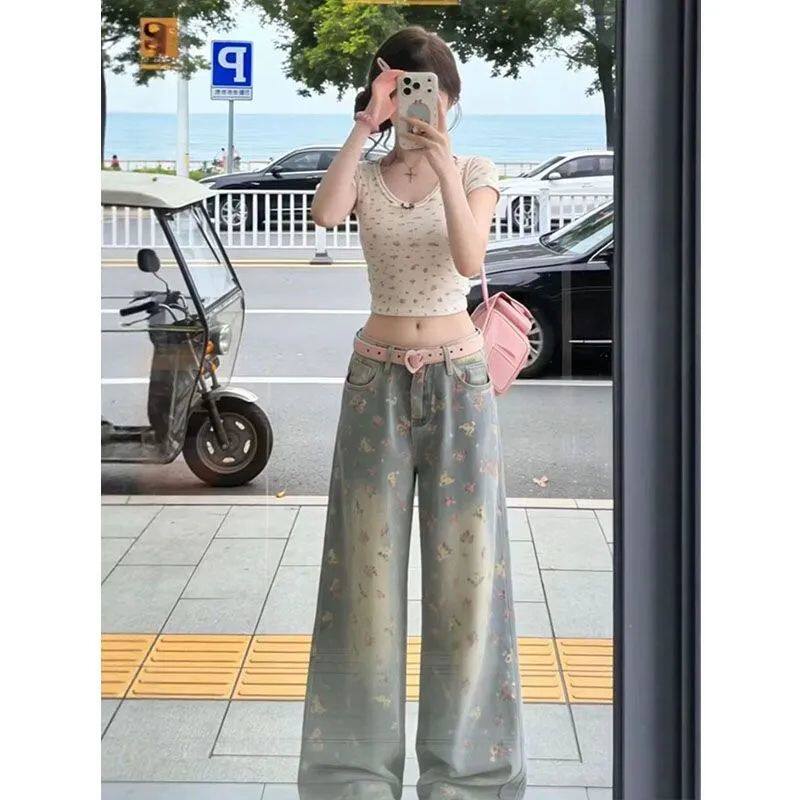 做旧感高街复古牛仔裤女小碎花裤