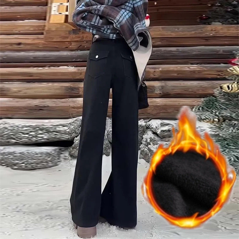 小众设计感盖袋加绒牛仔裤女秋冬季发热保暖高腰显瘦宽松阔腿裤子