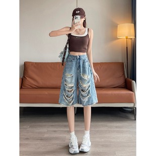 复古破洞牛仔短裤女夏季2025新款高腰显瘦宽松直筒裤小个子五分裤