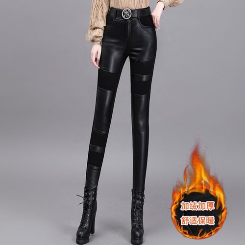加绒pu皮裤女冬季外穿2024新款AB面拼接打底裤小脚裤加厚加棉长裤