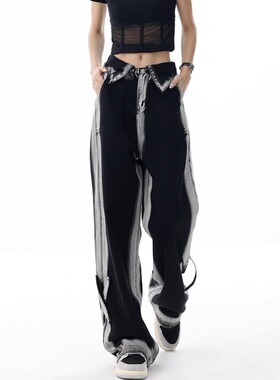 渐变复古黑灰色阔腿牛仔裤女秋季翻边设计感低腰显瘦宽松直筒裤子