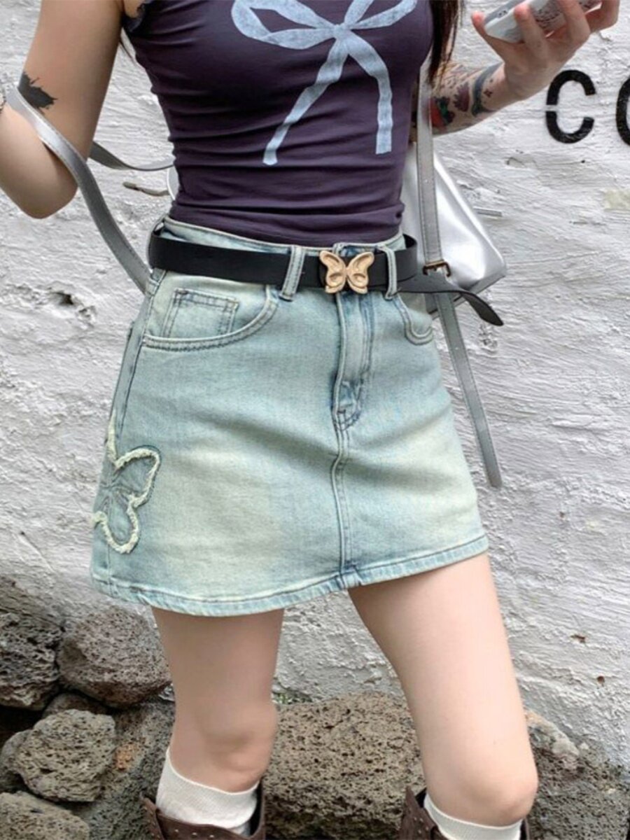 防走光牛仔半身裙女夏季蝴蝶贴布