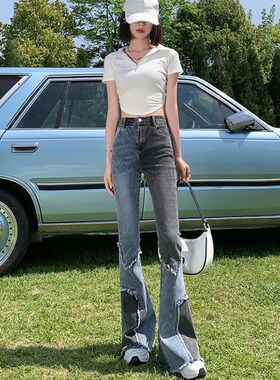 微喇牛仔裤女春秋季2022新款高腰显瘦设计感小众拼接修身大喇叭裤