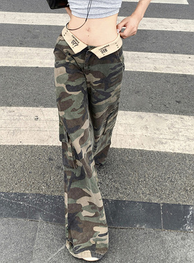 小众设计感字母翻边辣妹低腰牛仔裤迷彩工装裤显瘦宽松阔腿长裤子