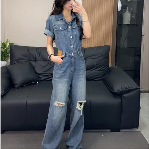 高个子超火破洞牛仔连衣裤连体裤