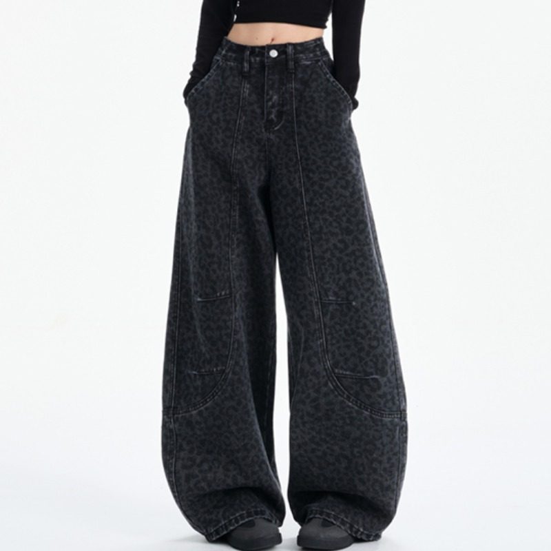 弯刀裤黑色豹纹裤拼接牛仔裤女春秋季2026新款高腰显瘦宽松阔腿裤
