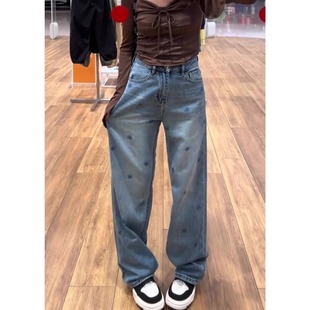 烫钻刺绣玫瑰花牛仔裤女夏季2025新款弹力高腰显瘦修身窄版直筒裤