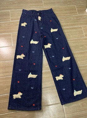 美式复古深蓝色阔腿牛仔裤女春秋季2026年新款腊肠狗贴布刺绣裤子