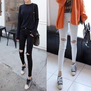 破洞牛仔裤女夏季薄款2022年新款弹力小个子九分裤显瘦修身小脚裤