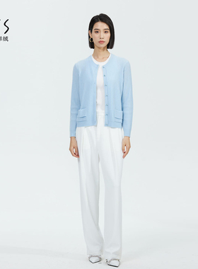 GTS天山圆领纯羊绒开衫新疆山羊绒条纹外搭优雅通勤外套