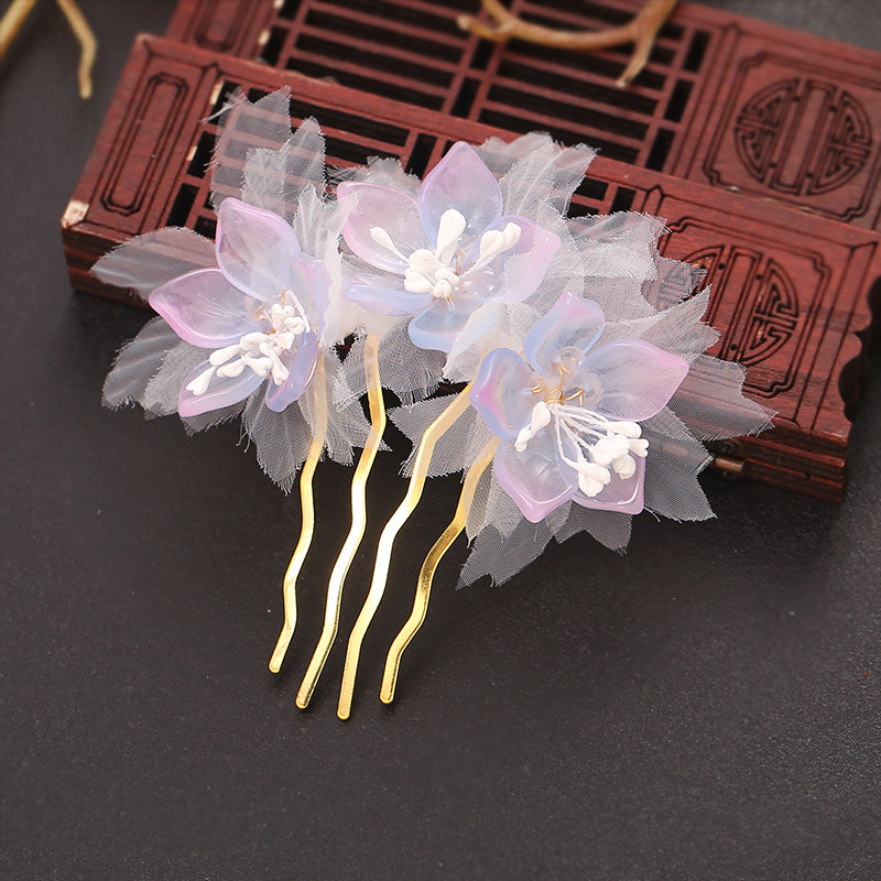 仙气古风插梳手工古典绢纱发簪子流苏钗头饰汉服后梳配饰旗袍发梳