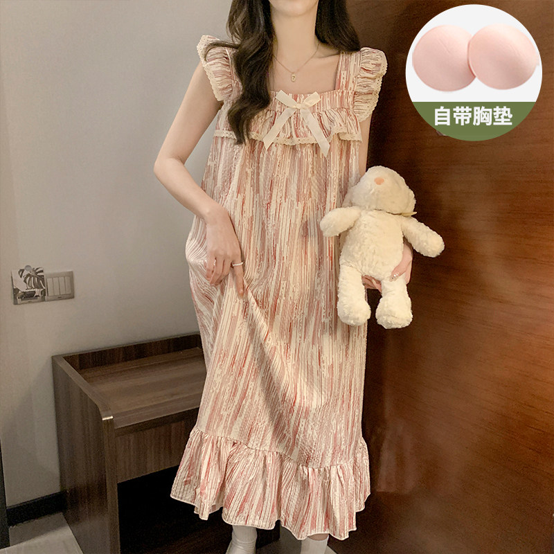 甜美风中长版带胸垫吊带睡裙女款夏季绉布棉2024新款夏天孕妇睡衣