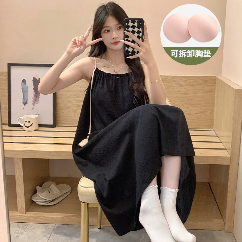 吊带睡裙女款夏季带胸垫云朵棉黑色高级感2024新款夏天孕妇睡衣裙