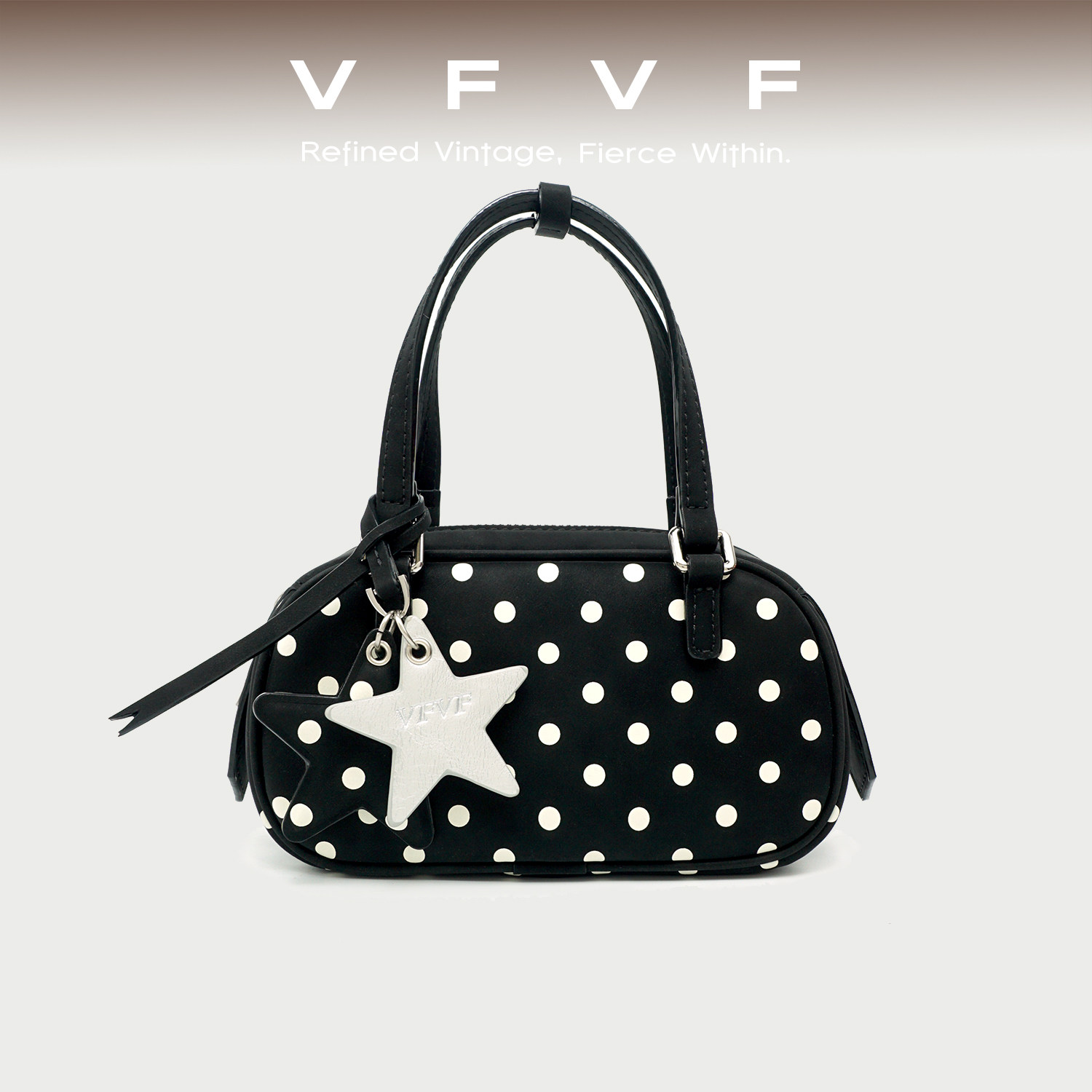 VFVF黑色波士顿包手提包波点包单肩斜挎包上班通勤小手拎包植鞣