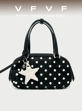 VFVF黑色波点波士顿包手提包波点包单肩斜挎包通勤小手拎包植鞣