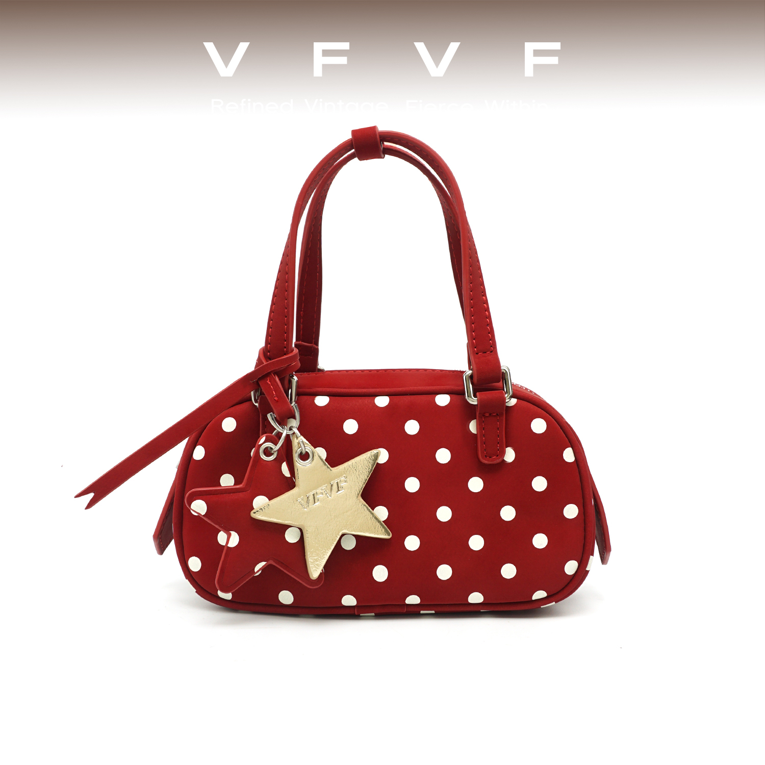 VFVF红色波点手提包波士顿包结婚包包女婚包新娘单肩斜挎小手拎包