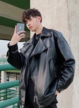 潮牌皮衣外套男春秋韩国ins潮宽松机车服休闲真皮翻领飞行员夹克