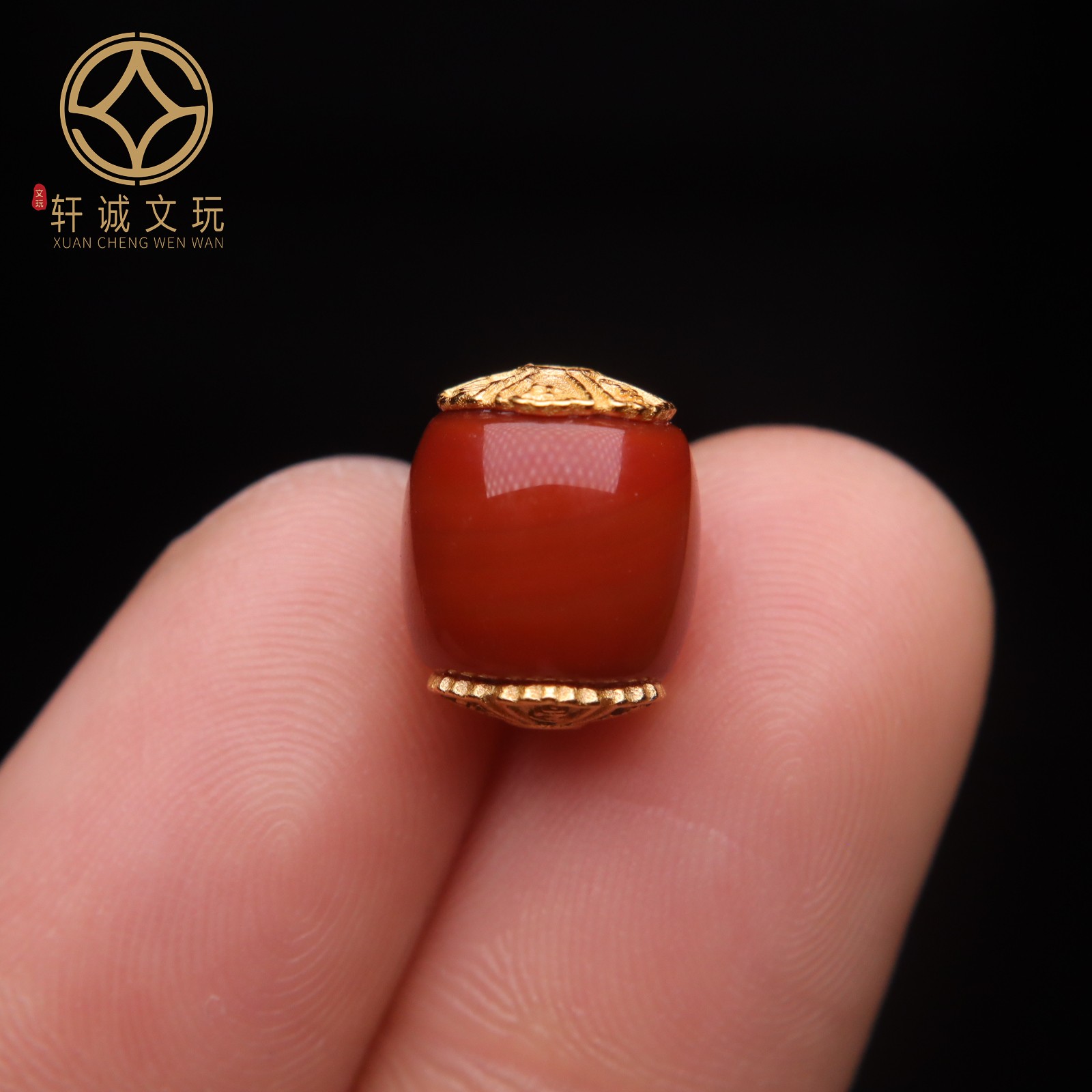 原创S925纯银镀金六字真言镶嵌南红玛瑙桶珠散珠DIY配件配珠配饰