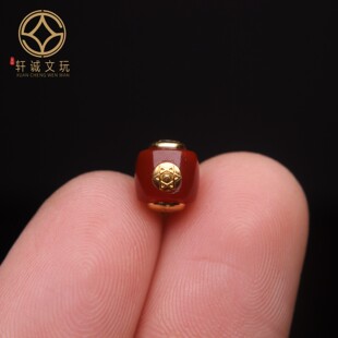 原创S925纯银镀金镶嵌南红玛瑙桶珠圆珠散珠DIY配件手串配珠饰品