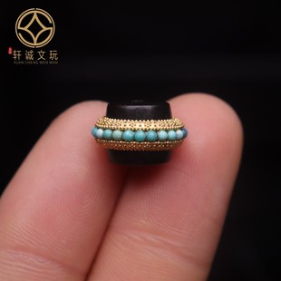 原创S925银镀金天然沉香檀木镶嵌松石珍珠桶珠散珠DIY配饰配件