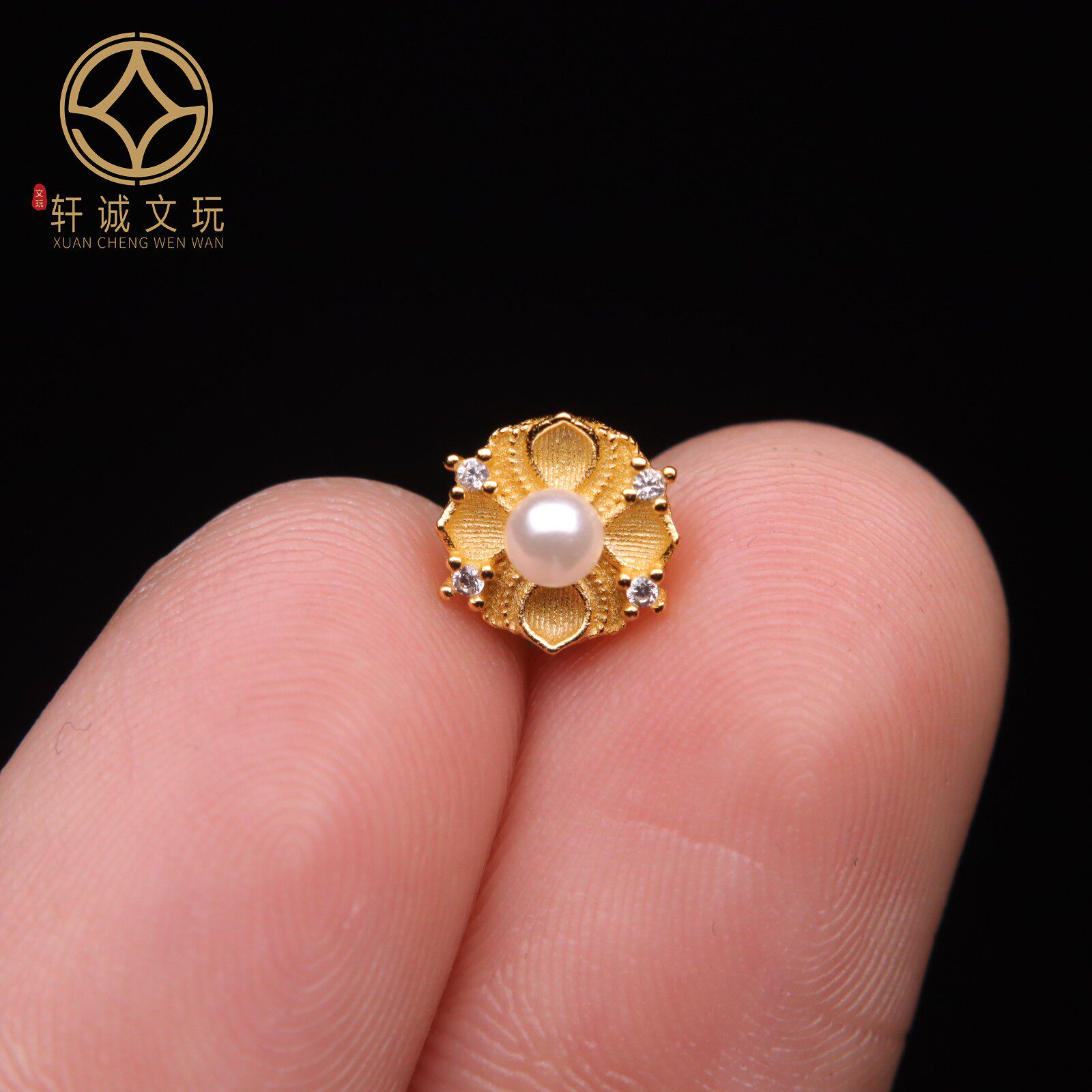 原创925银镀金镶嵌珍珠莲花桶珠散珠DIY配饰配件文玩手串单珠配珠