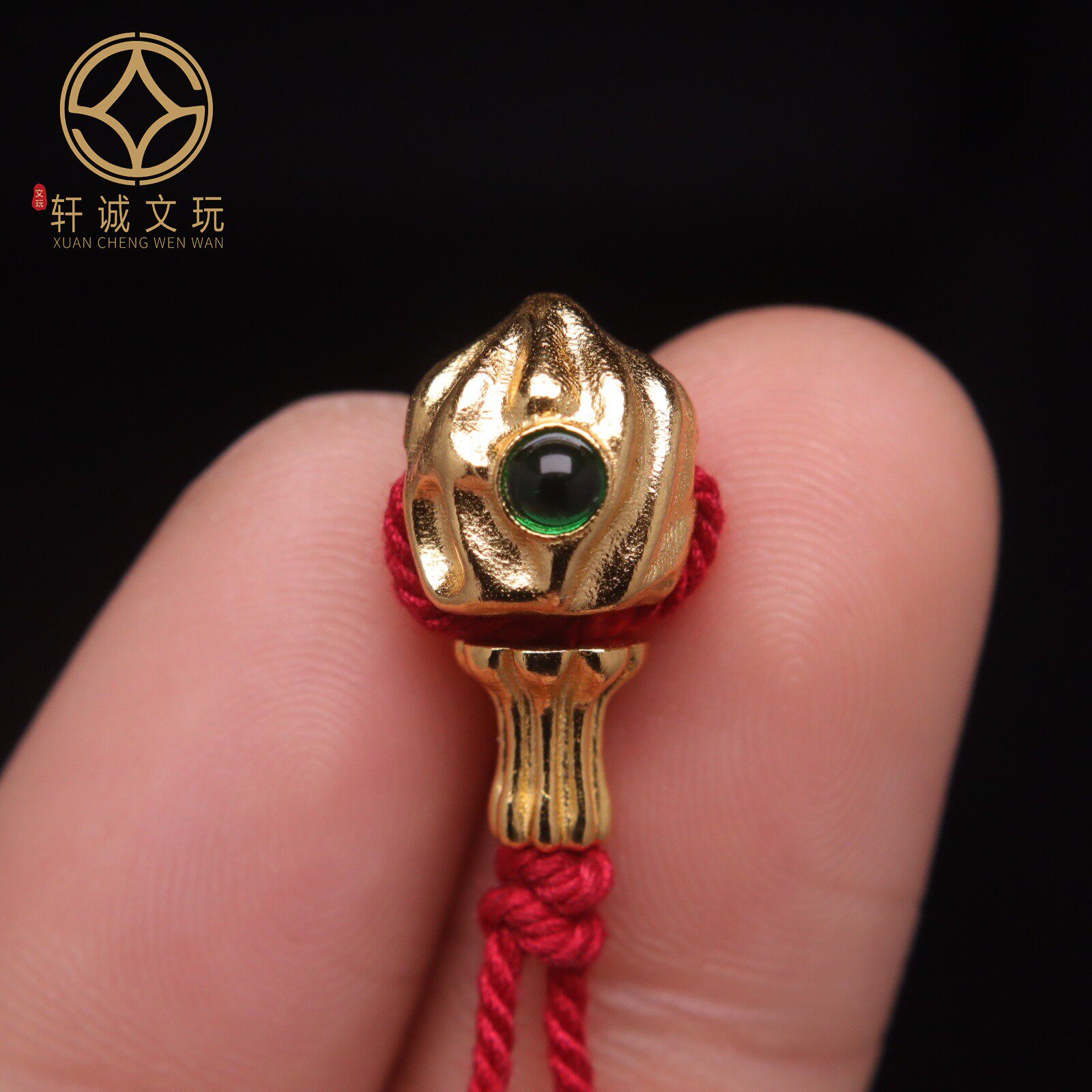 原创足银925镀金百香籽镶嵌红绿宝石三通佛头手串佛珠diy文玩配件