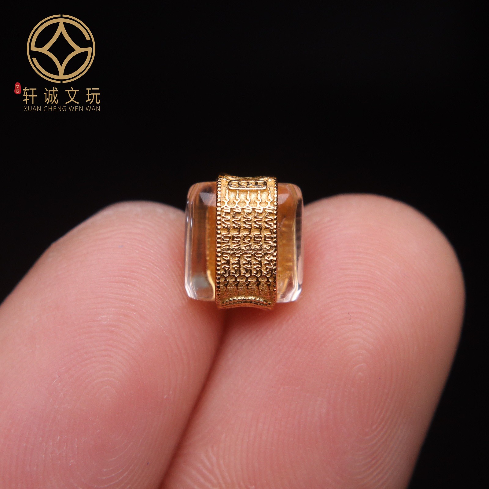 纯银925银镀金配件天然水晶镶嵌五条经文桶珠DIY文玩配饰珠配件