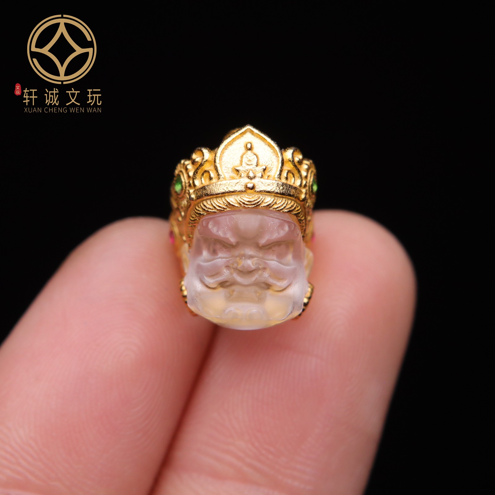 S925纯银镀金镶嵌白水晶大黑天黄财神头桶珠隔珠配珠桶珠吊坠配件