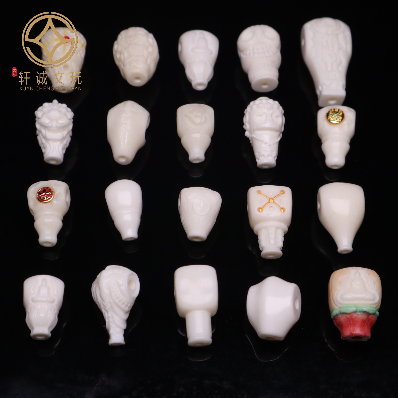 原创牦牛骨根付三通佛头DIY配饰藏式鲨鱼背古法金标108佛珠配饰件