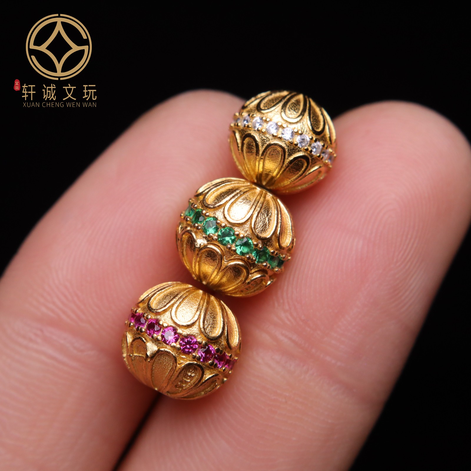 原创足银925镀金宝石镶嵌莲花老型桶珠顶腰珠手串串珠diy文玩配饰