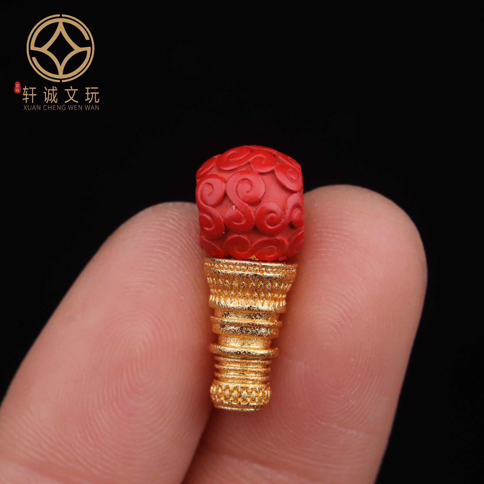 古法金朱砂大孔道如意云纹三通佛头散珠配珠手串链文玩diy配件饰