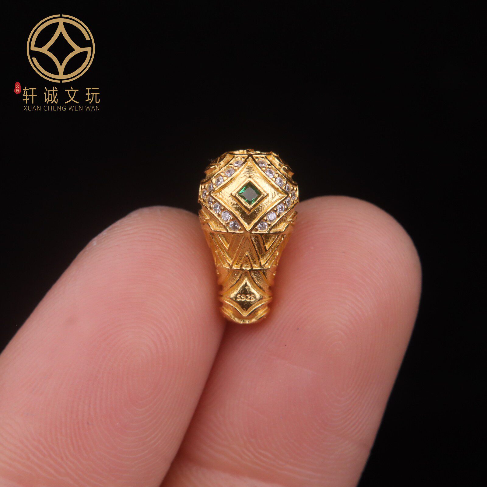 原创足银925镀金龙纹镶钻三通佛头金刚手串长串diy配饰配珠配件
