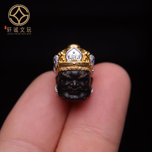 原创S925银镀金天然奇楠沉香木镶嵌大黑天黄财神桶珠散珠DIY配饰
