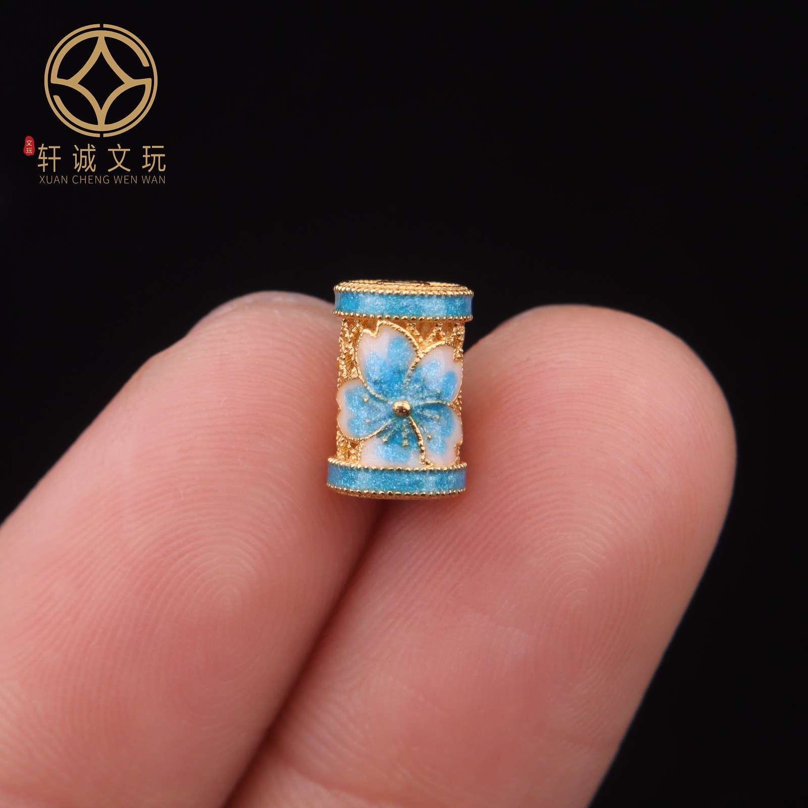 6.7MM蓝花彩绘桶珠925银镀金老型diy文玩手串散珠配饰配件配珠