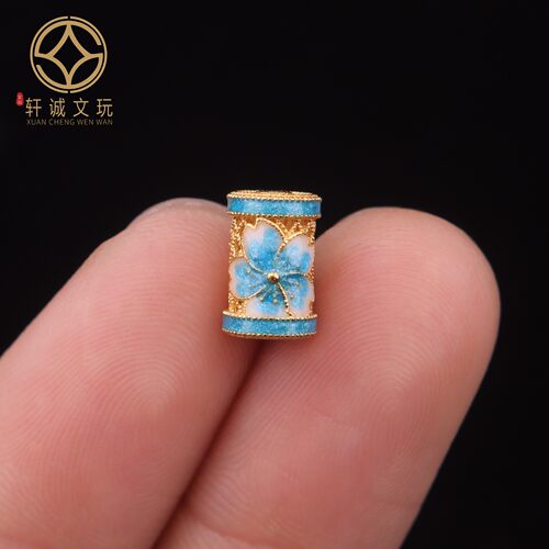 6.7MM蓝花彩绘桶珠925银镀金老型diy文玩手串散珠配饰配件配珠