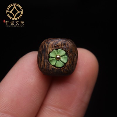 原创S925银镀金天然沉香木镶嵌松石老型桶珠散珠DIY配饰配件配珠