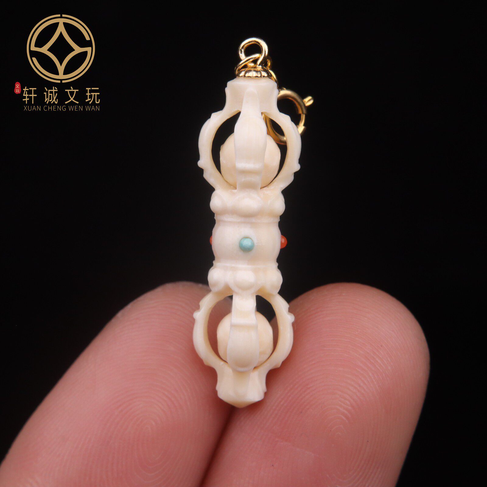 天然猛犸牙古法金镶嵌松石南红金刚杵桶珠DIY文玩配饰配件吊坠