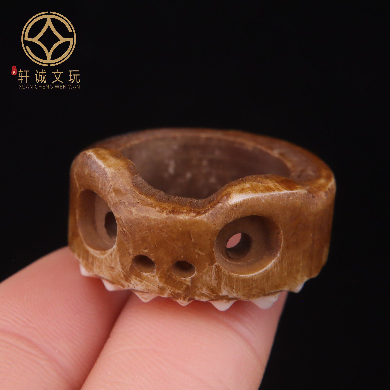 手工鹿角雕刻貔貅兽面吞噬根付跑环戒圈佛珠手串长串diy文玩配饰
