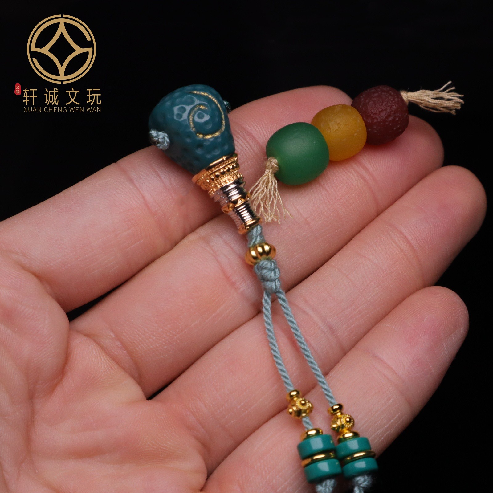 天然雪巴玉化琉璃古法金三通套装组合佛头金刚菩提108长串配饰件