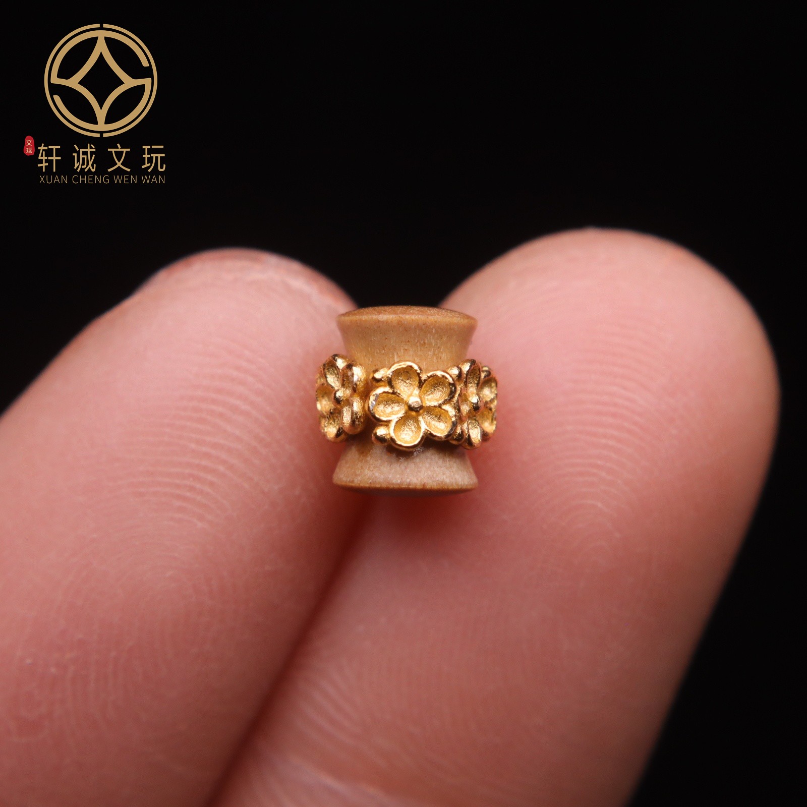 原创S925银镀金天然沉香檀木镶嵌花纹老型桶珠散珠DIY配饰配件