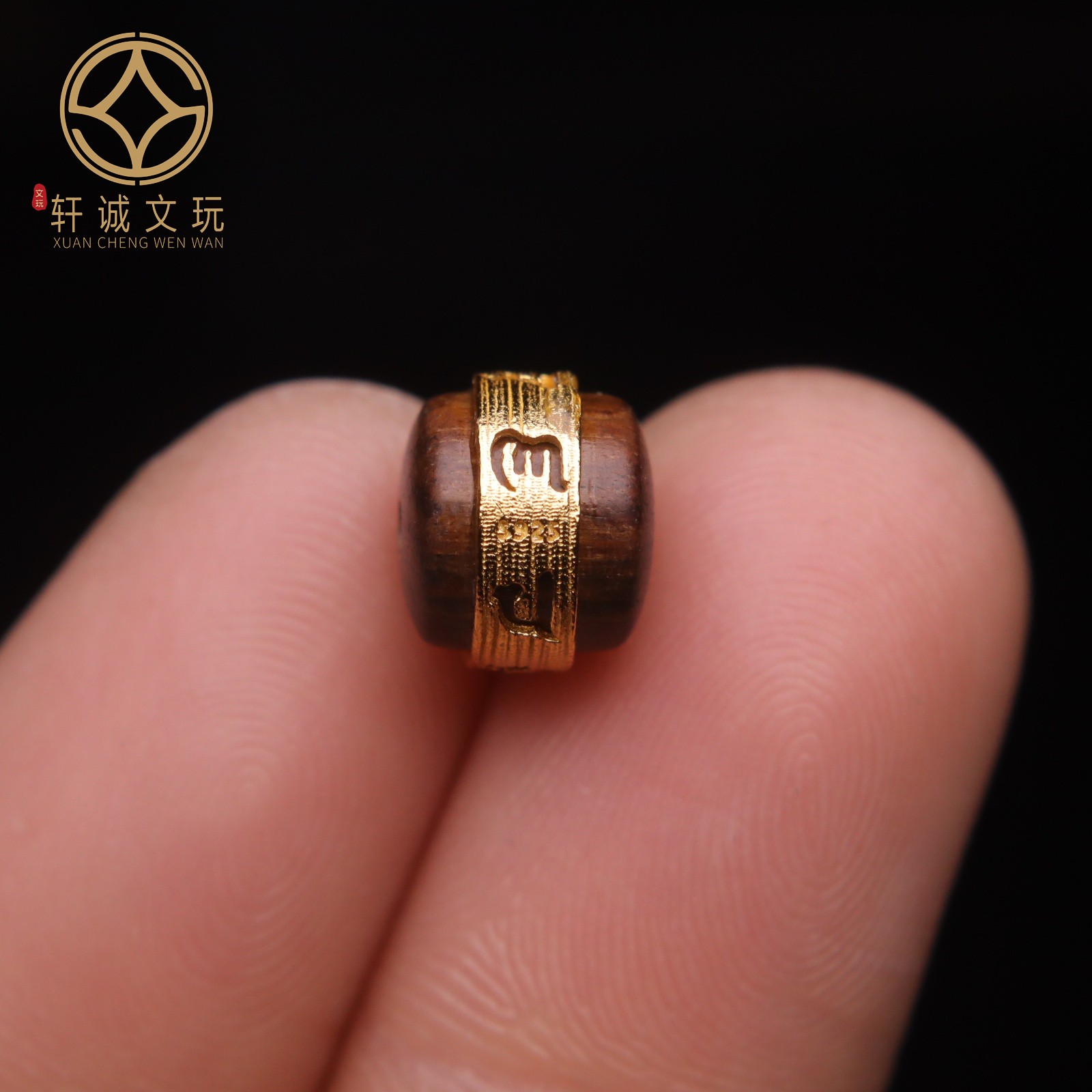 原创S925银镀金天然沉香木桶珠镶嵌六字真言老型桶珠散珠DIY配饰
