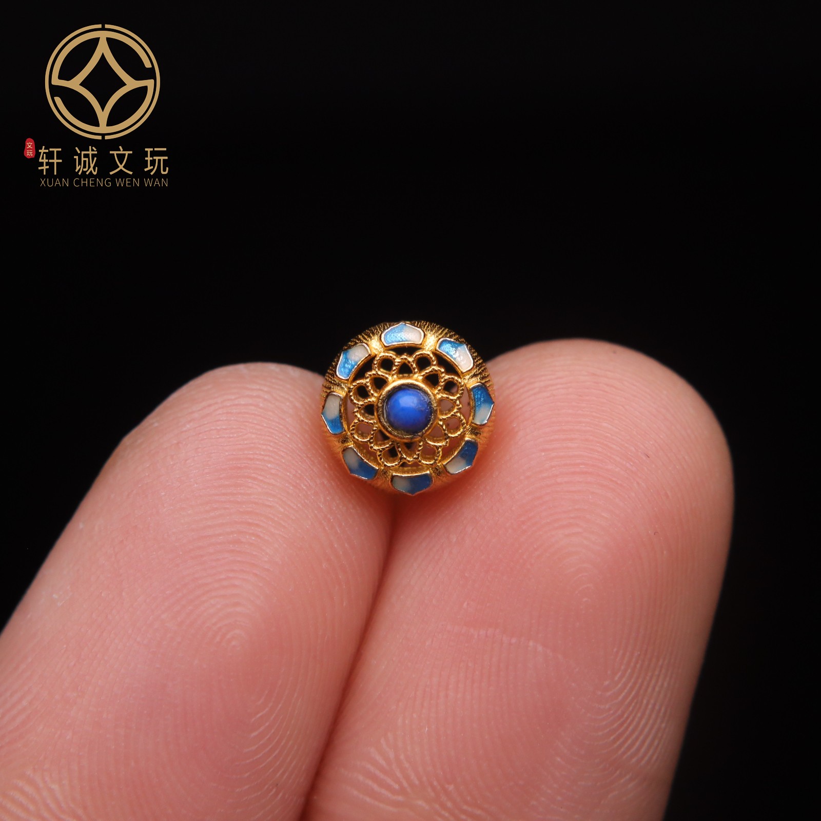 原创925银镀金莲花莲子镶嵌青金石圆珠腰珠隔珠手工diy文玩配饰珠