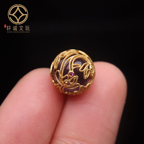 古法金配件天然紫水晶莲花圆珠镶嵌隔珠鼓散珠DIY文玩配饰配件