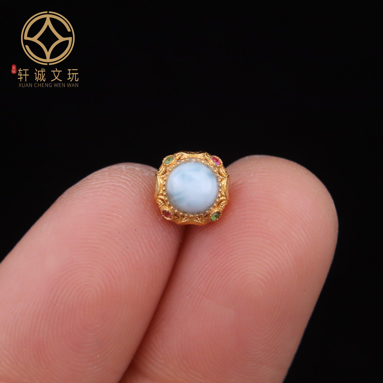 原创S925银镀金天然海蓝宝背云镶嵌桶珠散珠DIY手串配饰配件配珠