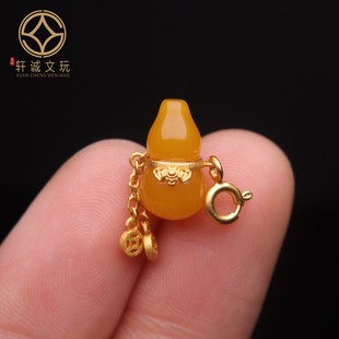 原创银镀金镶嵌天然琥珀蜜蜡葫芦福禄寿散珠手串diy文玩配件配饰