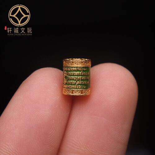 原创925银镀金彩绘红绿五条经文老型桶珠腰珠隔珠diy文玩配饰