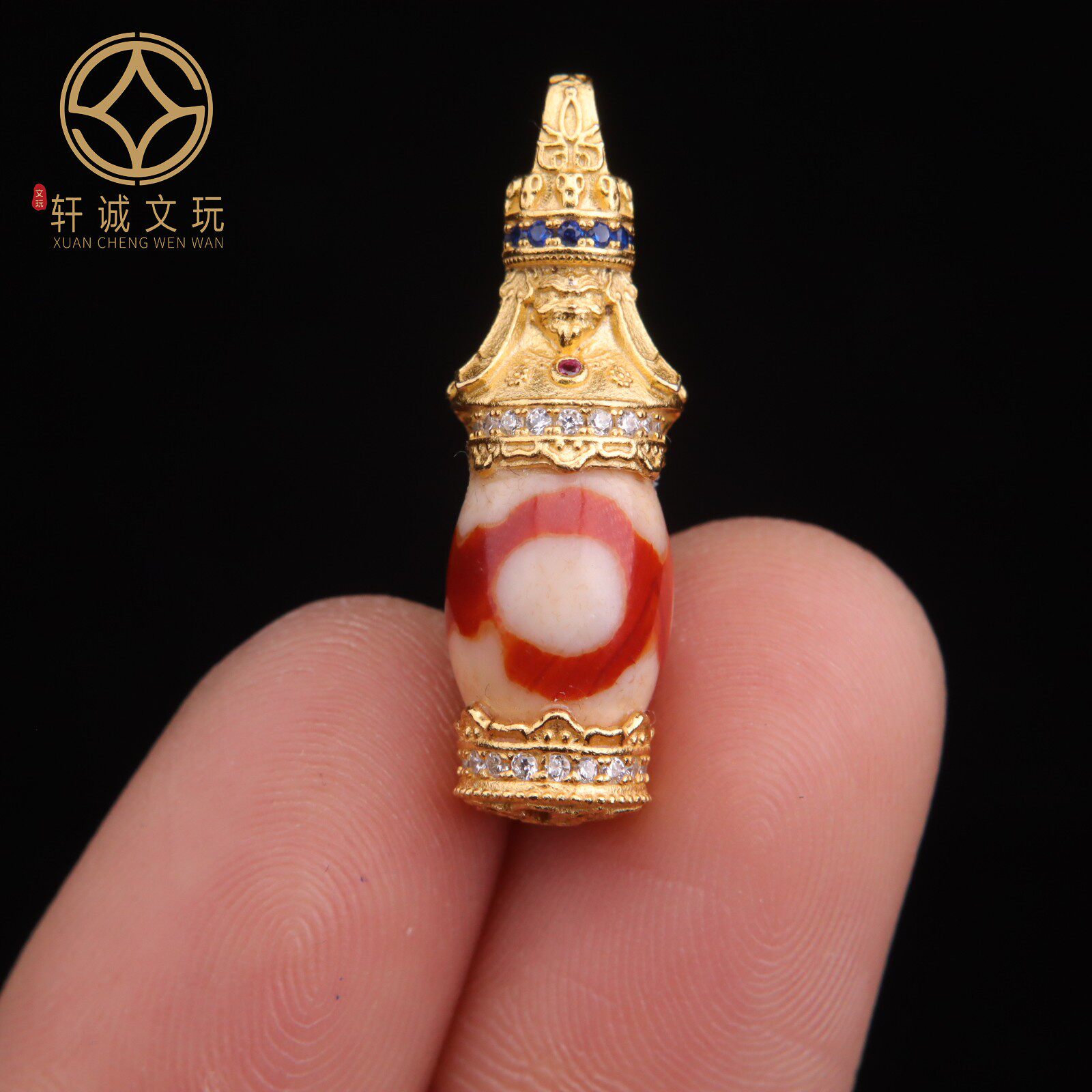 原创925银镀金镶嵌天然玛瑙扎基拉姆天珠桶珠散珠DIY配饰文玩配件