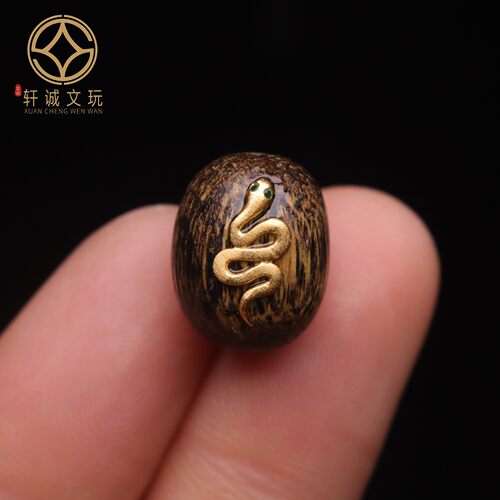 原创S925银镀金蛇镶嵌天然沉香木老型桶珠蛇年散珠DIY配饰配珠