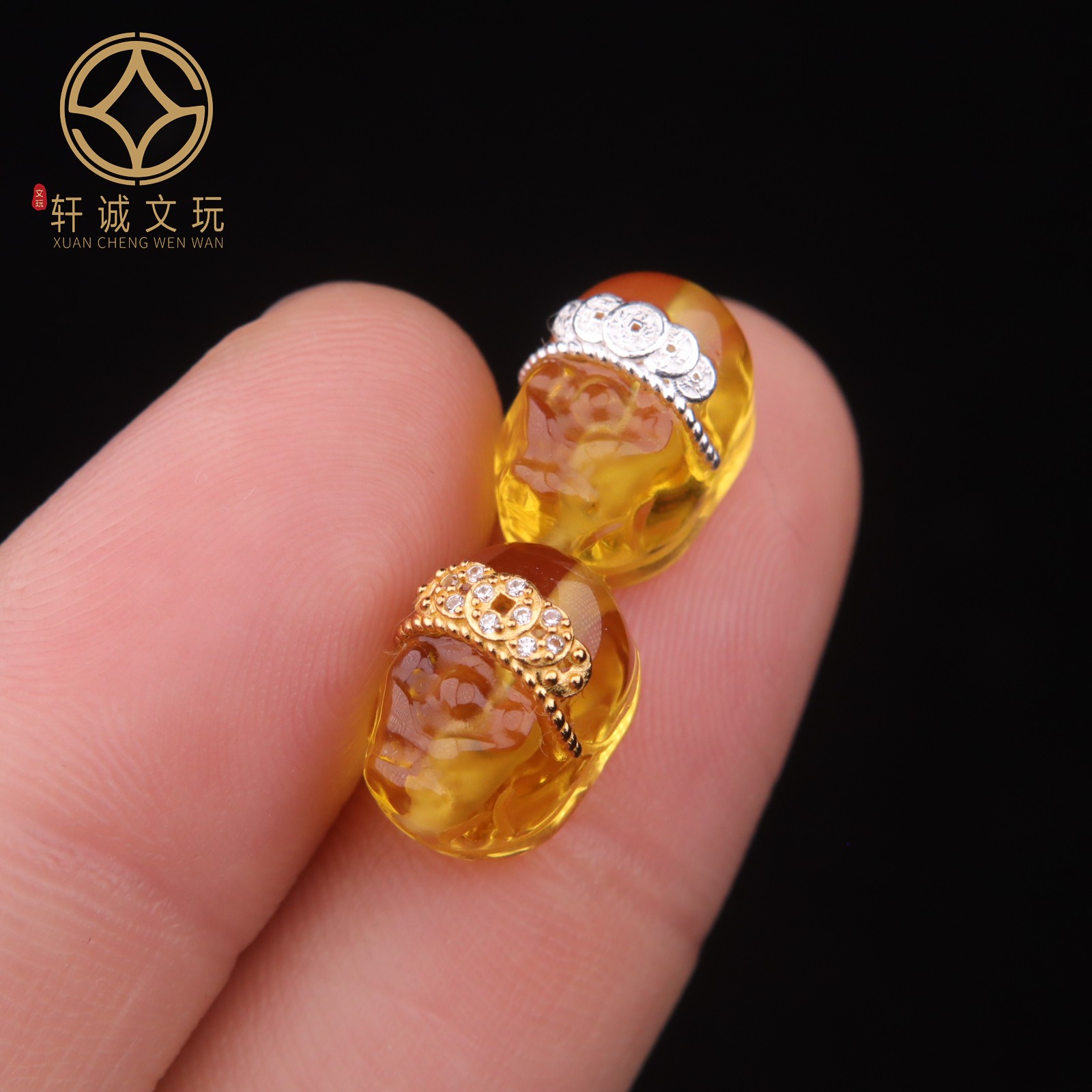 8.6MM蜜蜡貔貅银镀金配件天然琥珀招财隔珠散珠珠子DIY文玩配饰