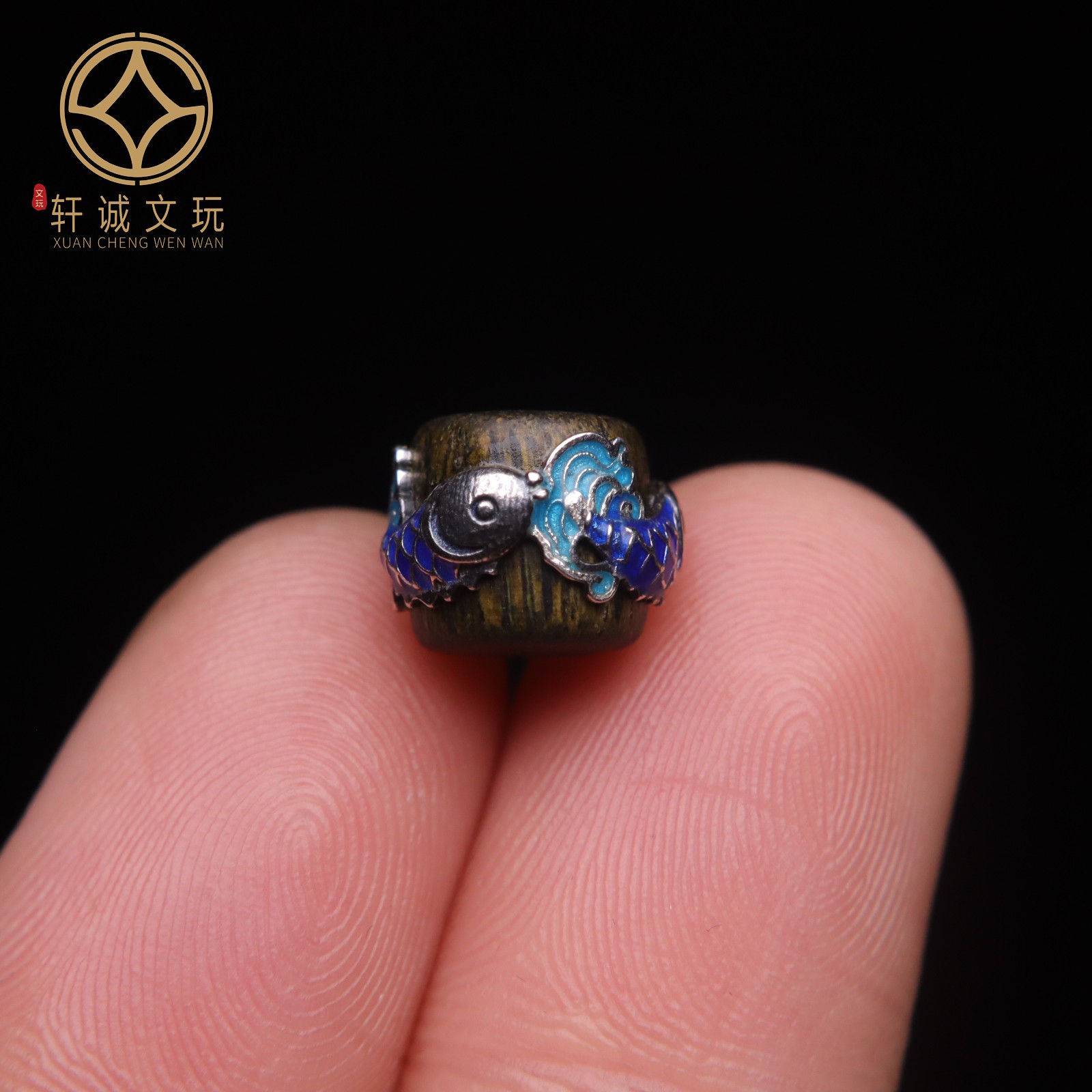 原创S925银镀金天然沉香木镶嵌鱼跃龙门桶珠散珠DIY手串手链配饰